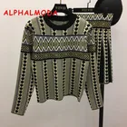 Женский Повседневный костюм ALPHALMODA, свитер и юбка с геометрическим принтом, вязаный пуловер + юбка, комплект на осень и зиму 2018