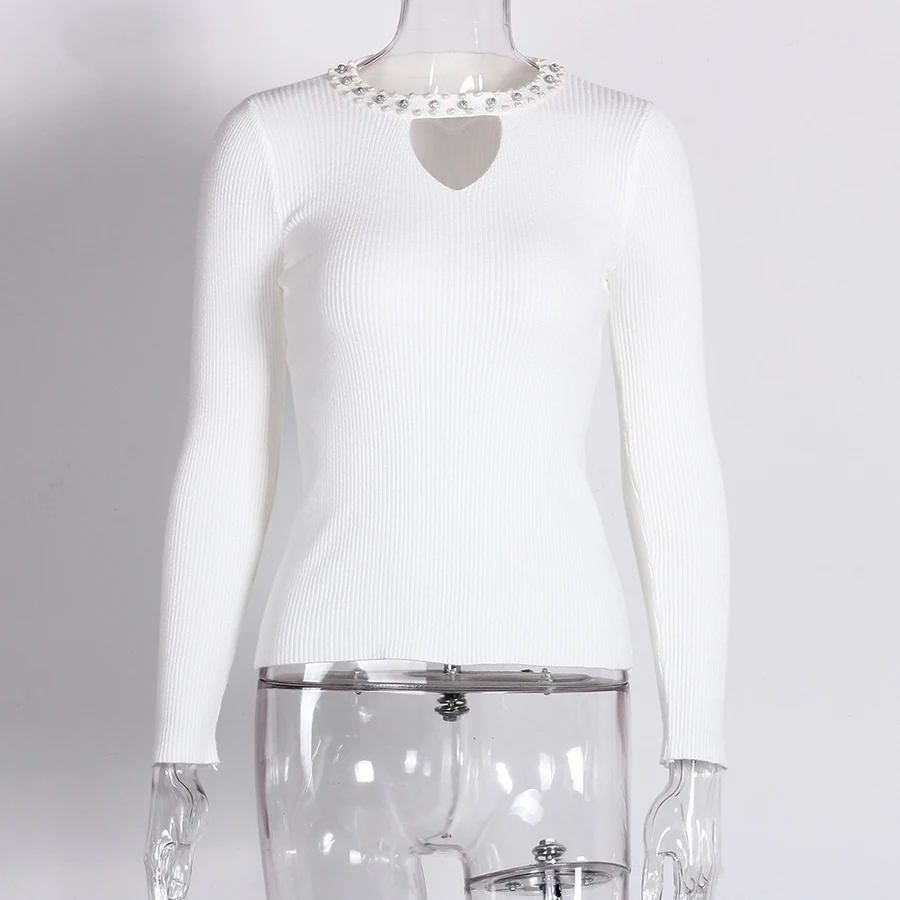 Pearl Sweaters Fashion 2018 Women Hollow Out Long Sleeve Knitted Sweater Pullover Jumper Beading Basic Top Autumn | Женская одежда