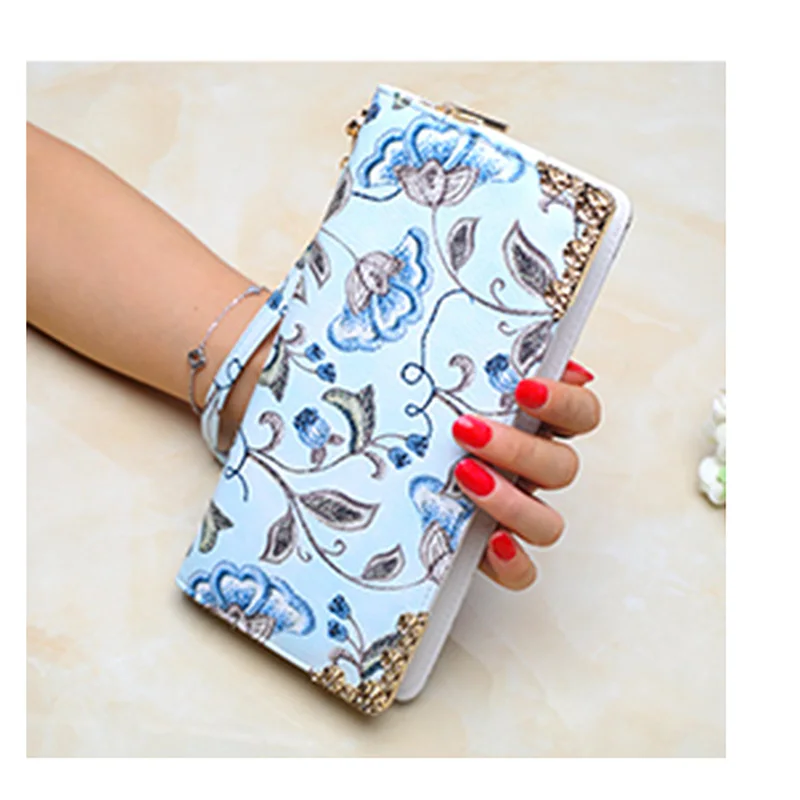 Кожаный кошелек для женщин с цветочным принтом Длинные кошельки дам сумка денег