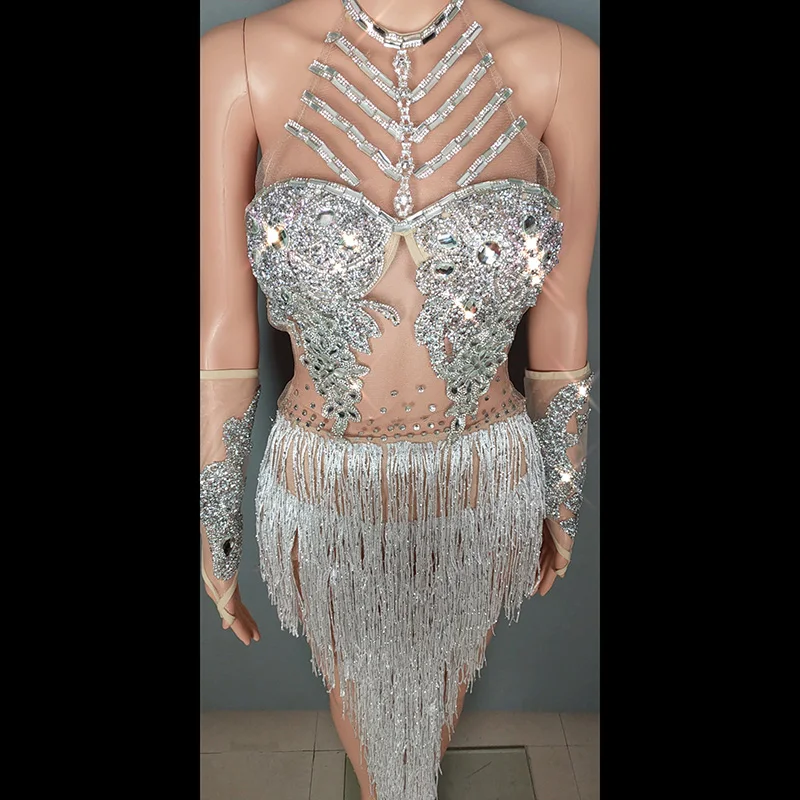 Сценический Блестящий Стразы сексуальный боди Серебряный Длинный танцевальный