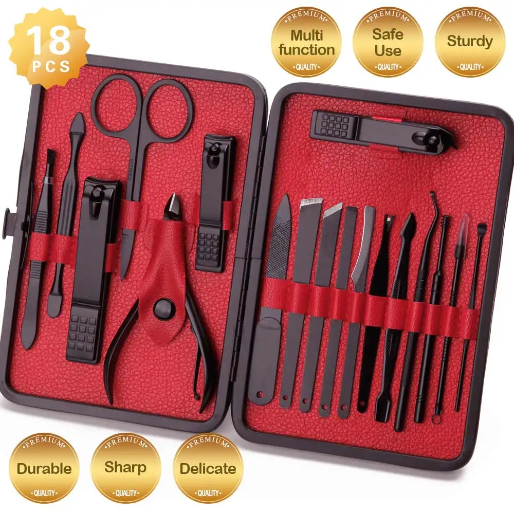 

12/15/18pcs Manicure Set Stainless Steel Nail Scissors Pedicure Kit with Black Leather Travel Case Ingrown Nail File Clippers