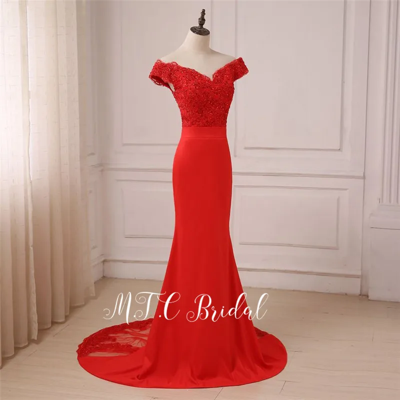

Hot Selling Red Mermaid Evening Dress Off The Shoulder Beaded Lace Long Prom Gowns 2019 Wholesale Women Party Dresses Cheap