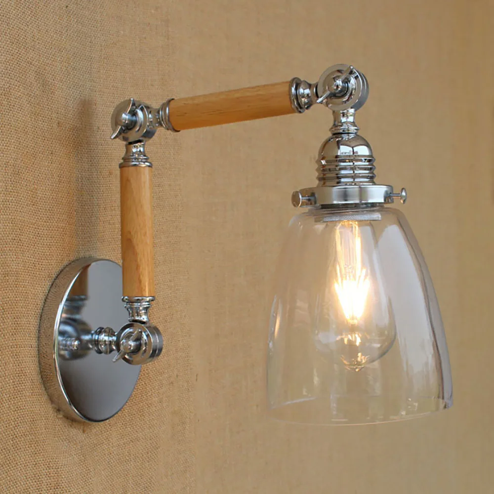 Beste Hout Glas Schaduw Verstelbare Swing Arm Industriële Vintage Wandlamp E27 Led Moderne Light Decoratieve Voor Slaapkamer Woonkamer Bar