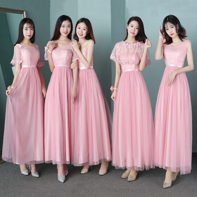Женское длинное платье подружки невесты розовое цвета шампанского с