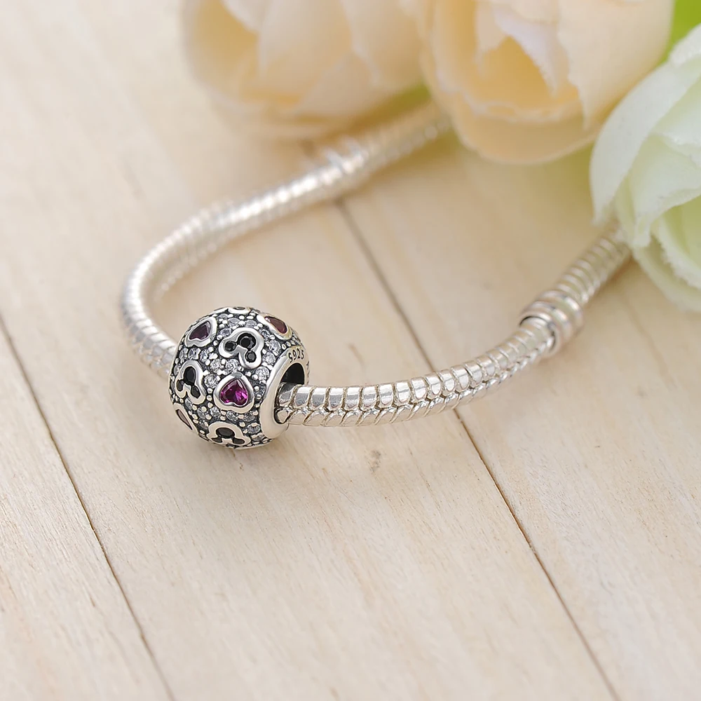 Suplush Sparkling CZ Hearts Charm Antique 925 Sterling Silver Beads Fit Bracelet Pendants Making Jewelry Accessories PSMB0201 | Украшения и