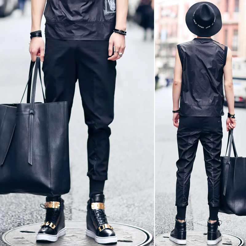 

2017 Male slim casual pants black patchwork small all-match personality harem pants male beam leg pants [28-33]