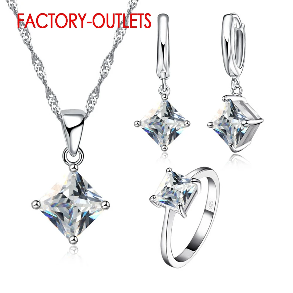 

925 Sterling Silver Fashion Jewelry Set Classic 4 Claws Square Crystal Necklaces Earrings Women Girls Engagement Anniversary