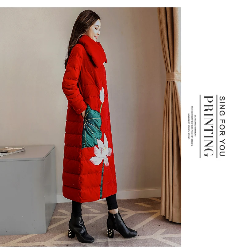 Winter Women Down Jacket Chinese Style Vintage Embroidery Warm Long Coat Parkas Thicken Slim Female Snow Outerwear