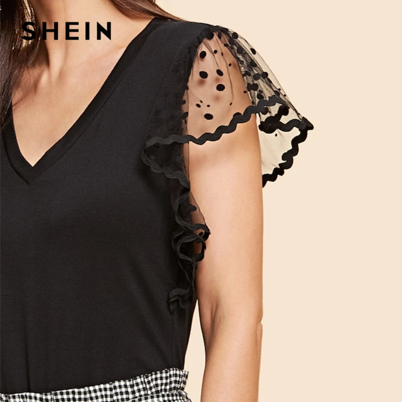 SHEIN винтажная Однотонная футболка в черный горошек с контрастным сетчатым рукавом и v-образным вырезом, женская летняя элегантная Однотонная футболка с коротким рукавом, топы