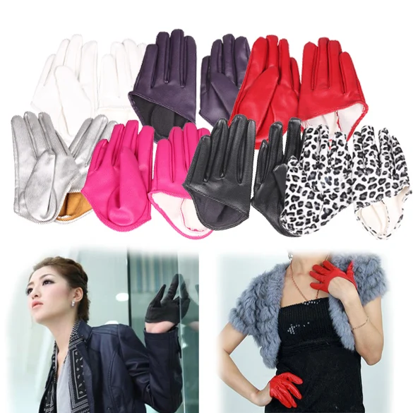 

Hot Woman Tight Half Palm Gloves Imitation Leather Five Finger Mittens Vivid Color