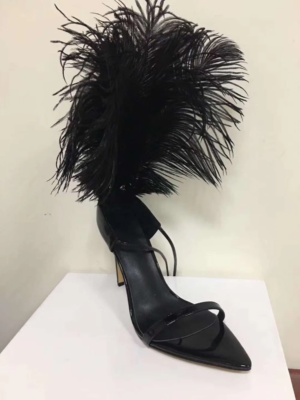 

Free shipping fashion women Pumps Black patent leather tassel strappy point high heels ankle strappy sandals shoes 10cm