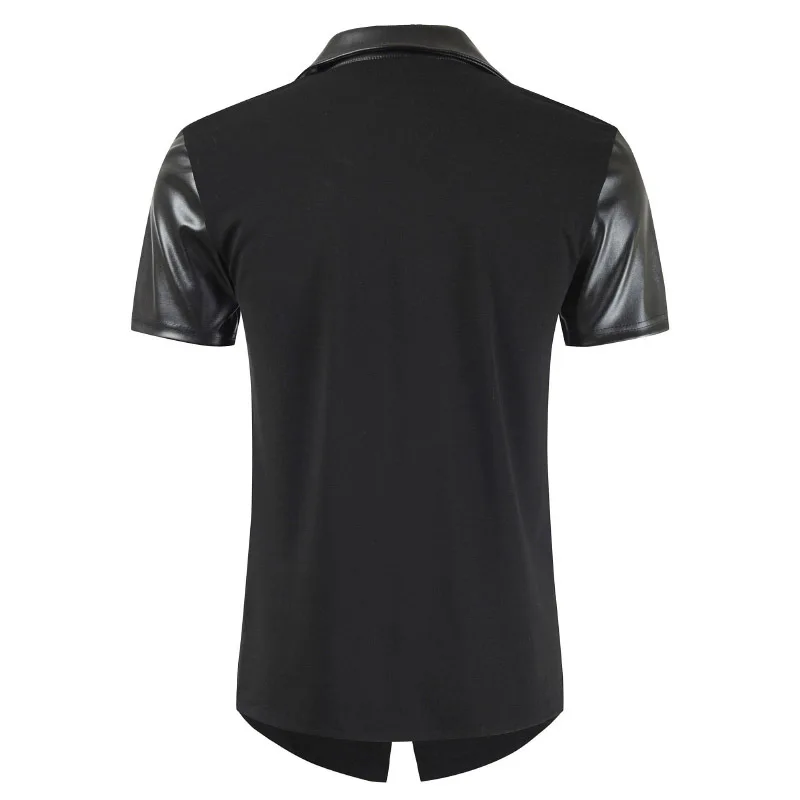 Men irregular design leather patchwork hip hop long t shirt black color short sleeve tee shirts man nightclub punk stage tshirt | Мужская