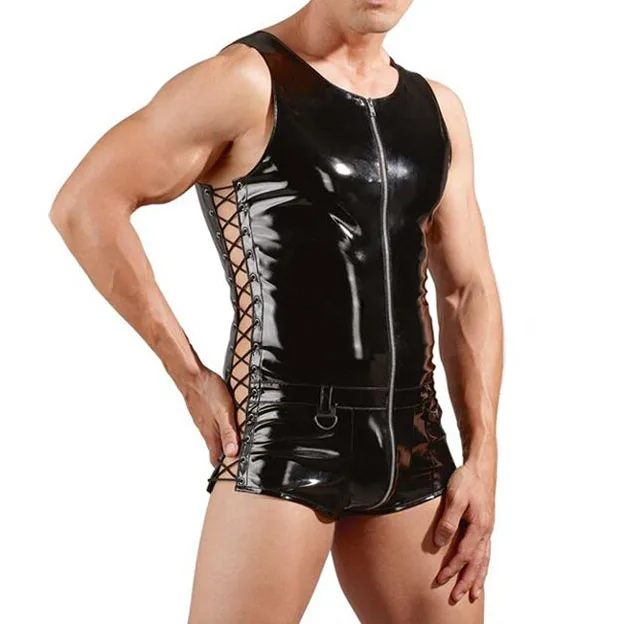 Мужской боди в стиле панк из черной лакированной кожи сексуальный без рукавов с