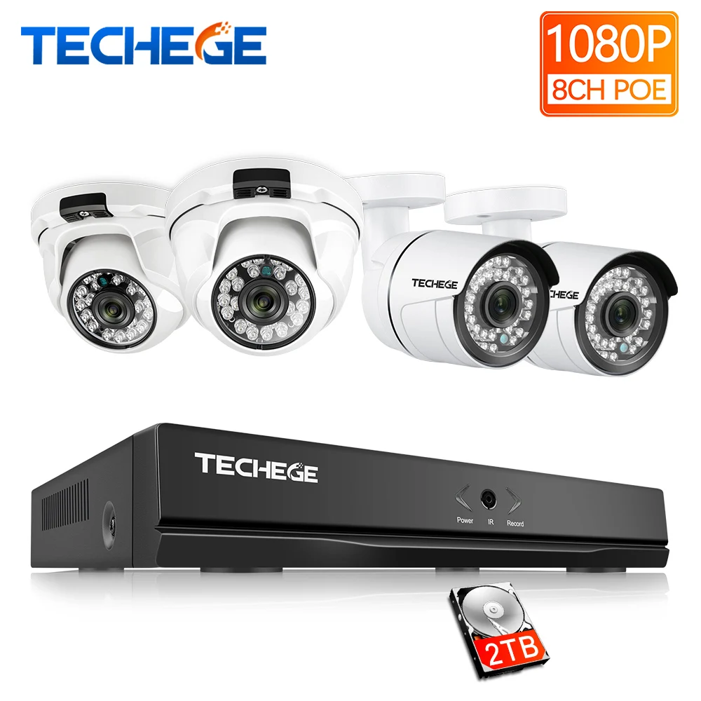 Techege 8CH Полный 1080 P POE NVR kit 2.0MP 3000tvl ночного видения купольная Камера ip камера c