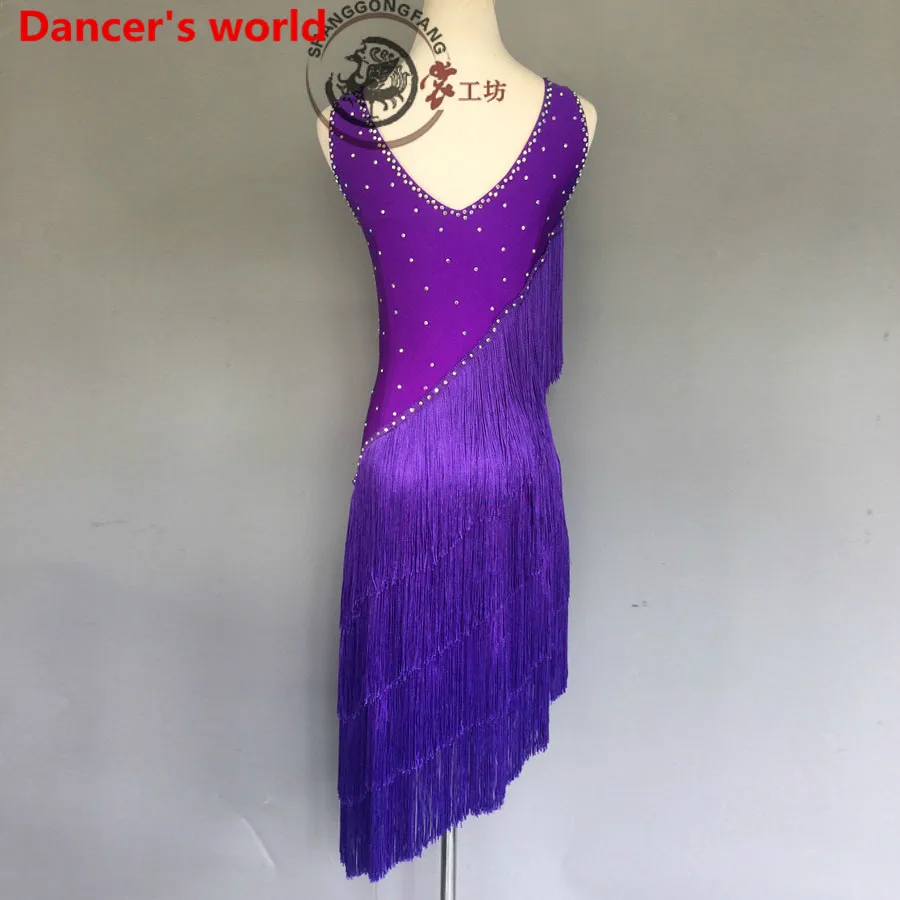 

Customizable Colors Tassel Latin Dance Dress Women Dancing Dress V-Collar Style Back Opening Latino Costumes For Salsa Tango