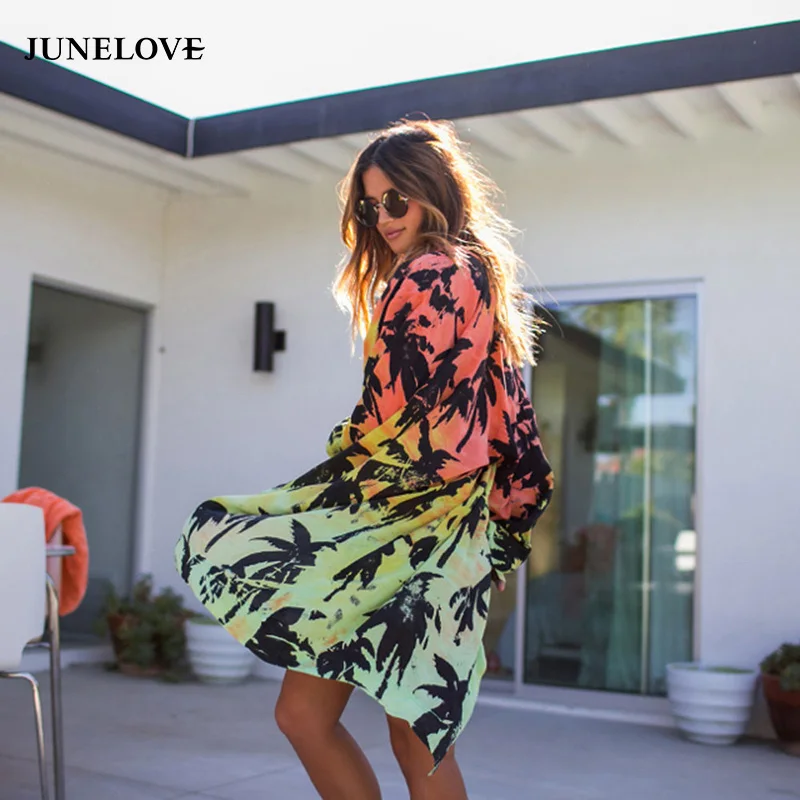 JuneLove Лето 2019 г. пляжные богемные Оптовая Продажа Длинные шифон дерево кимоно