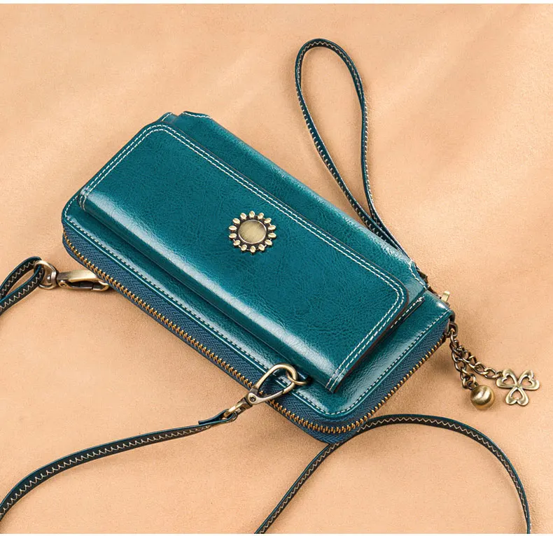 Vintage Oil Wax Leather Women Wallets Long Zippers Purse Genuine Leather Wallet Female Clutch Multifunction Big Capacity Wallet