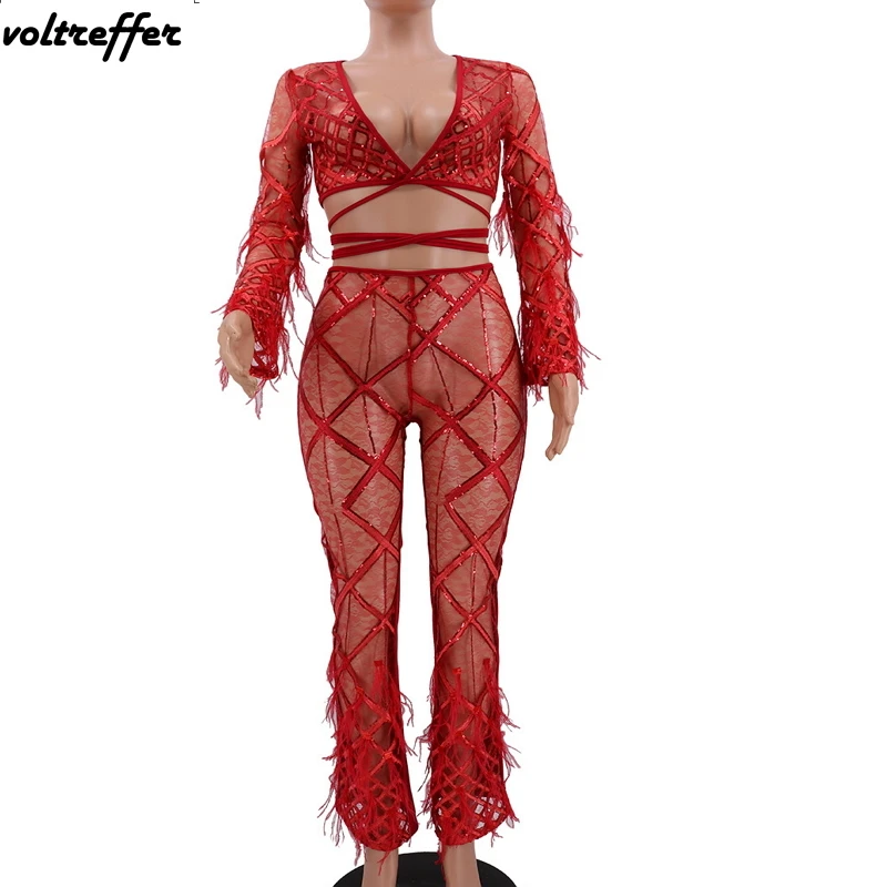 Flare Sleeve Ribbons Lace Up Crop Top Wide Leg Long Pants Two Piece Set See Through Glitter Outfits Sexy Sweat Suit Tassels 2019 | Женская