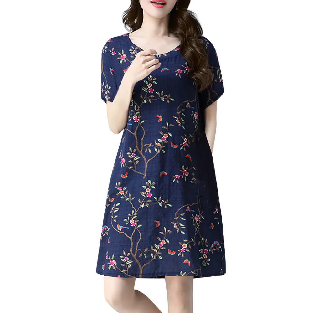 Женское хлопковое летнее платье 2019 льняное Цветочное с круглым вырезом и