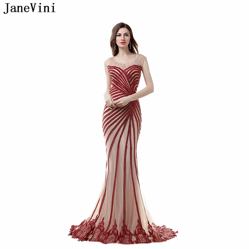 

JaneVini Sexy Mermaid Long Prom Dresses Scoop Neck Lace Appliques Beaded Backless Sweep Train Tulle Bridesmaid Dresses Plus Size