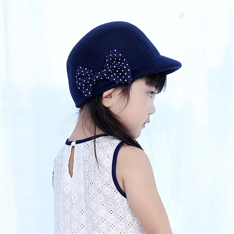 Spring Autumn Baby Girl Hat Fashion Navy Dots Girls Cap with Bowknot Kids Wool Felt Children Knight Beanies | Детская одежда и