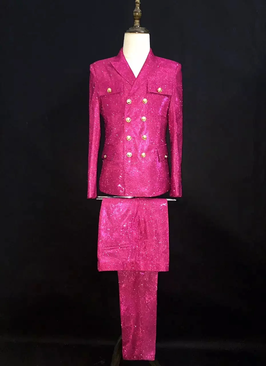 Мужские модные розовые блестящие облегающие костюмы набор для выступлений на