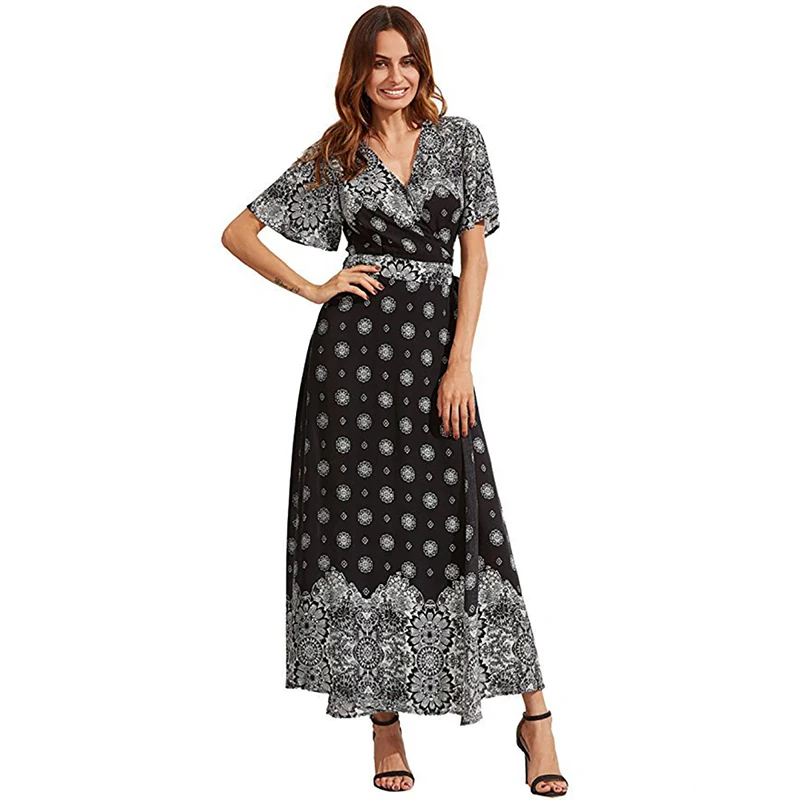 Женское платье с длинным рукавом Boho летнее пляжное туника высоким разрезом