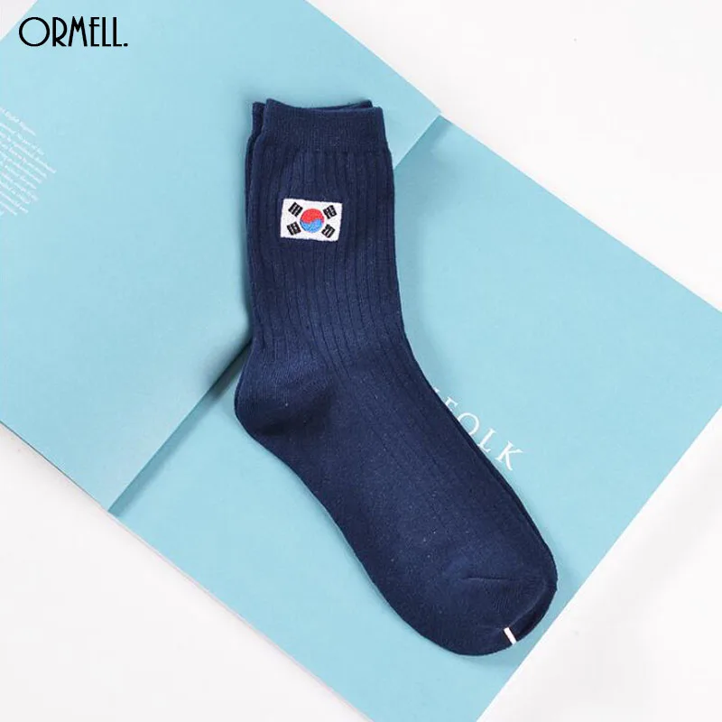 Женские хлопковые носки с вышитым флагом однотонные в корейском английском