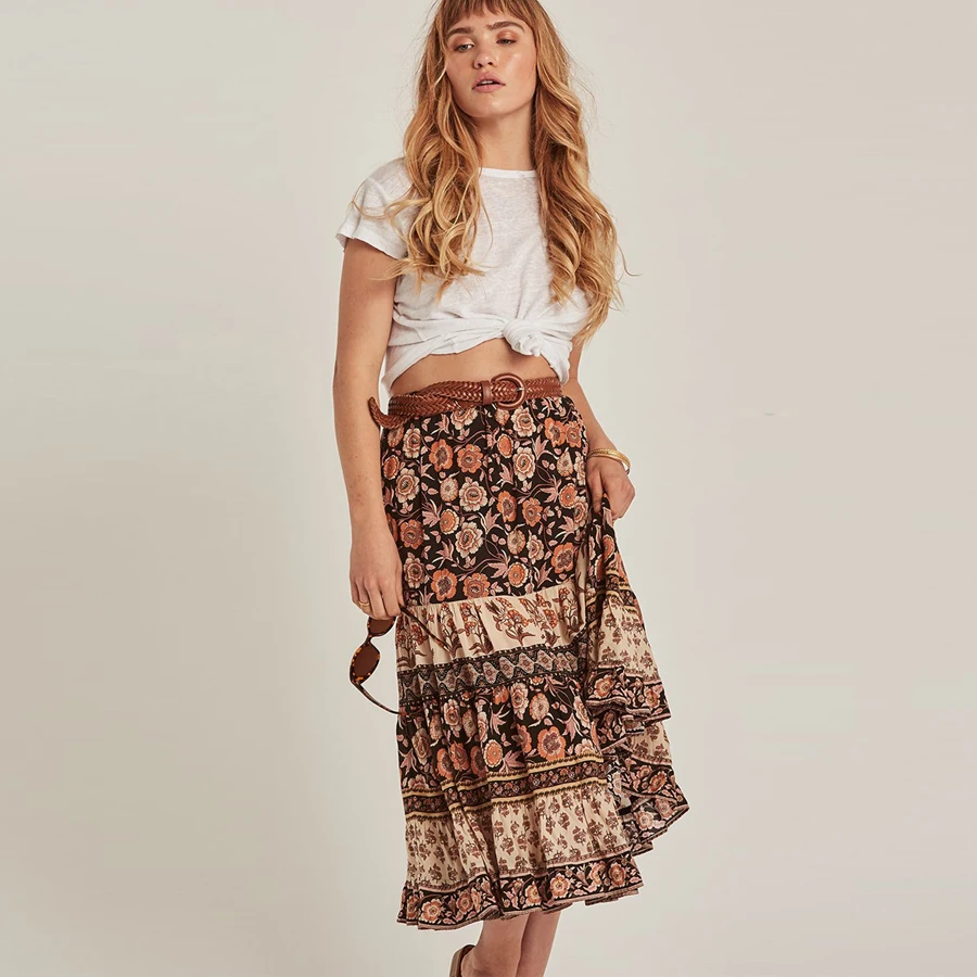 TEELYNN boho юбка коричневая вискоза цветочный принт летняя юбка шнурок талии трапециевидной формы Пляжная одежда Повседневная хиппи длинные юбки falda