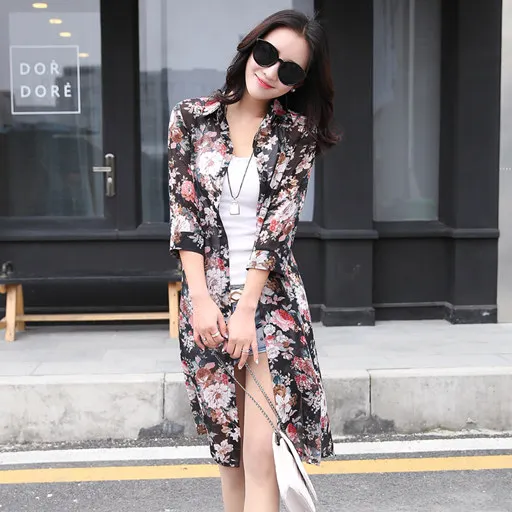 Женский шифоновый кардиган с цветочным принтом Солнцезащитный длинный рубашки