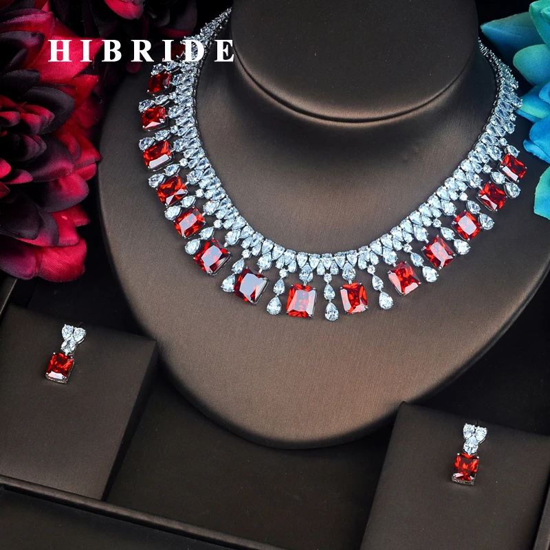 

HIBRIDE Luxury Red Color Square Shape CZ Jewelry Sets For Bride Necklace Set Wedding White Gold Color Accessorie Wholesale N-418