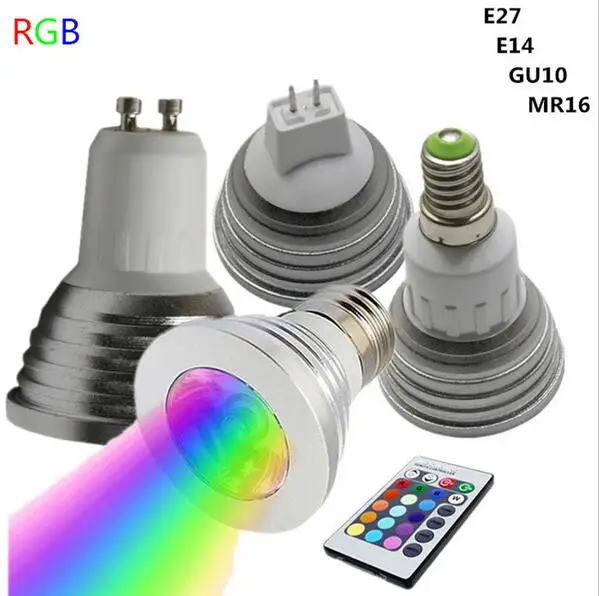 AC85V 265V 3 Вт GU10 E14 E27 B22 RGB СВЕТОДИОДНАЯ Лампа Волшебная 16 цветов меняющая яркость