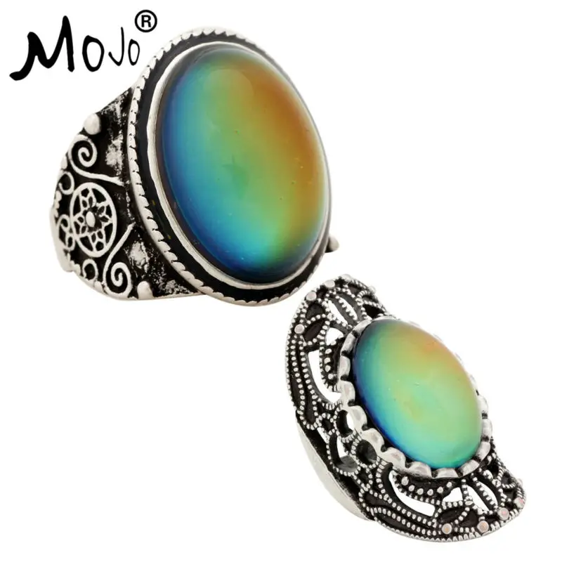 

2PCS Antique Silver Plated Color Changing Mood Rings Changing Color Temperature Emotion Feeling Rings Set For Women/Men 004-034