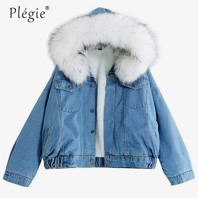 Plegie женские зимние плотные джинсы куртка искусственный меховой воротник из