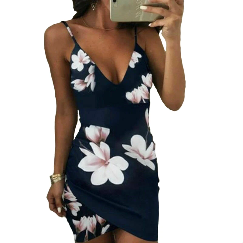 

Women Summer Boho Floral Strappy Short Mini Dress Evening Party Beach Dress Sundress