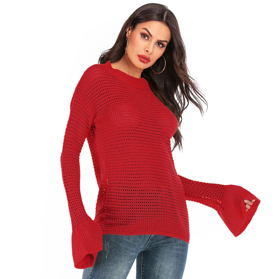 

Hollow Out Sweater For Women Ribbed Crew Neck Flare Sleeve Knitted Thin Pullover Jumpers Basic Base Pull Femme Sweaters