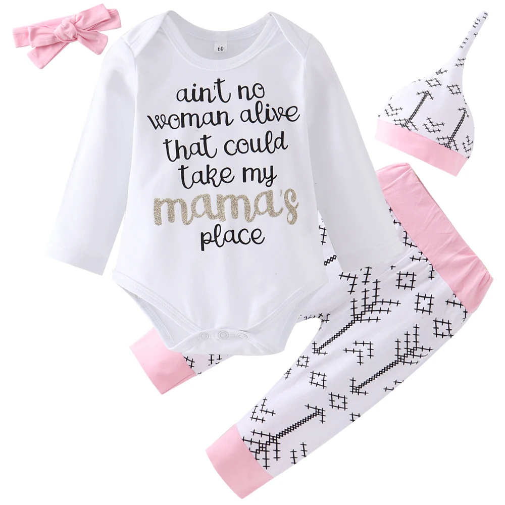 

4 Pieces Newborn Baby Girl Clothing Sets 2019 Spring Letter printed Romper+Cute Arrow Pants Baby Girl Clothes Outfit