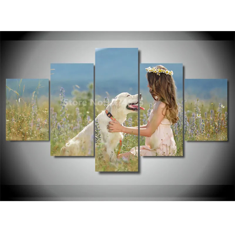 Prints Sweet Girl And Lovely Dog Canvas Painting 5 Pieces Cuadros Decoracion Landscape Wall Art Home Decor Unframed | Дом и сад