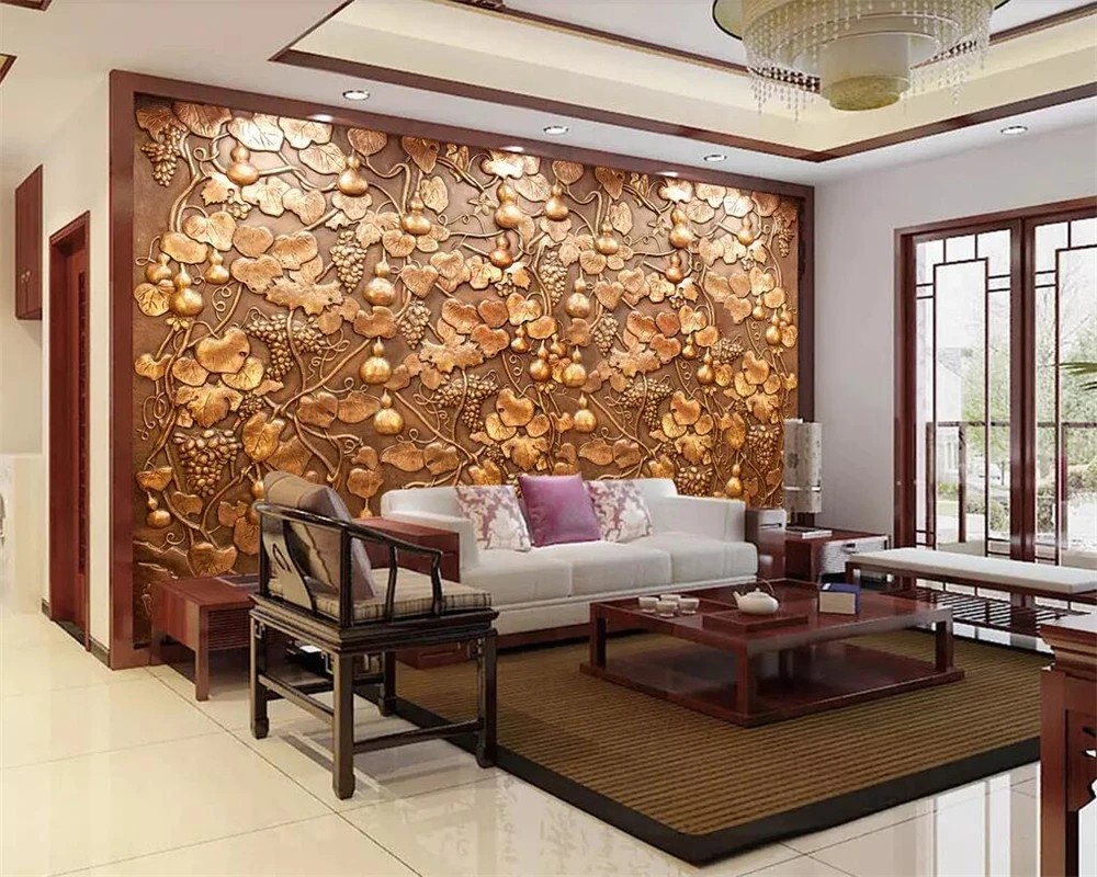 Beibehang Custom wallpaper copper embossed gourd vine TV background wall home decoration living room bedroom murals 3d |