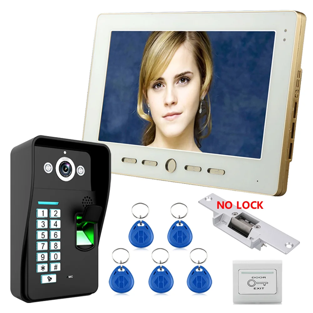 

10" Lcd Fingerprint Recognition RFID Password Video Door Phone Intercom System kit With NO-Electric Strike Door Lock