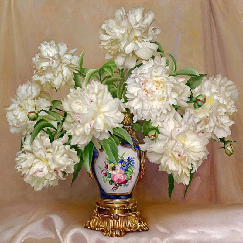 Вышивка ручной работы белая ваза с хризантемами цветок серия Европейское