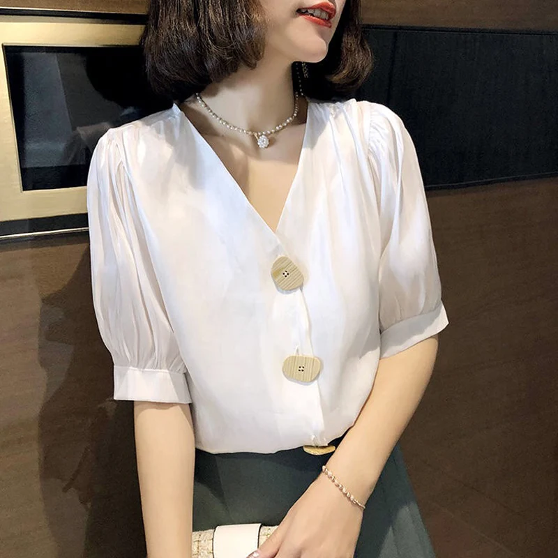 Женские милые летние блузки с рукавами фонариками и V образным вырезом корейские
