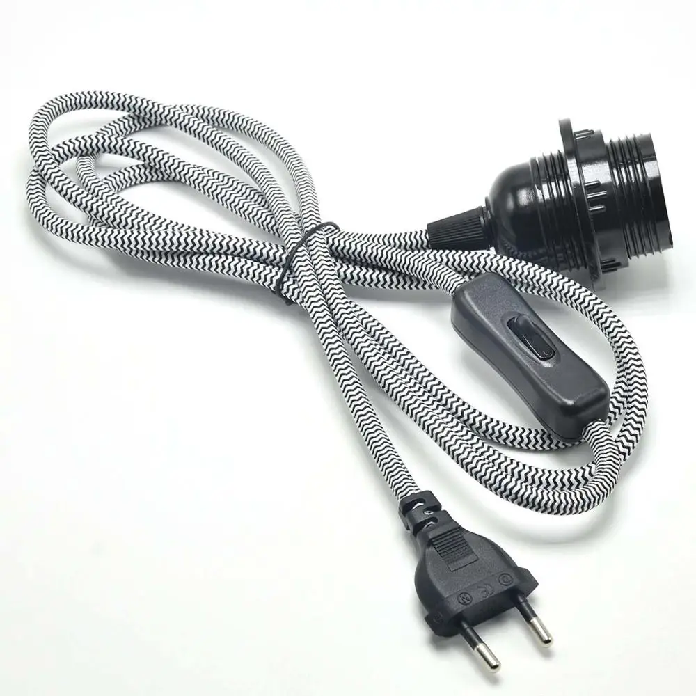 Black white Stripe E27 патрон для лампы, шнур питания с выключателем, штепсельная вилка европейского стандарта, светодиодный патрон для лампы Эдисона, подвесной патрон для ламп, тканевый электрический кабель, провод 2 м - Цвет: Black white Stripe