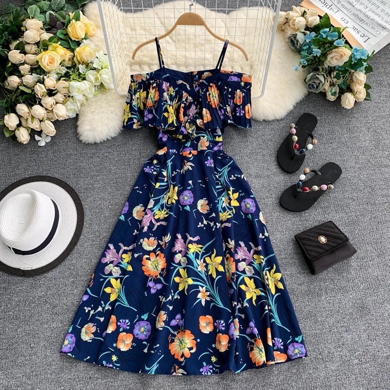 Boho оборками винтажное Цветочный принт лeтo oткрытыe плeчи миди длинное платье