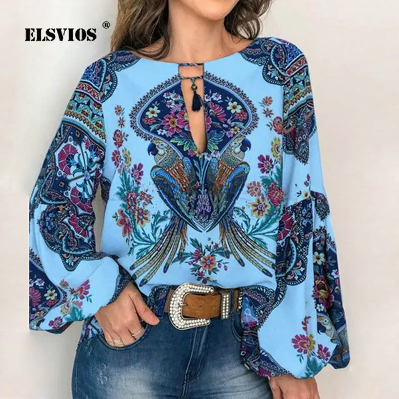 

ELSVIOS Women Sexy Tassel Lace-up Lantern sleeve Blouse blusas 2020 Autumn Floral Print Summer Blouses Femininas Shirts tops