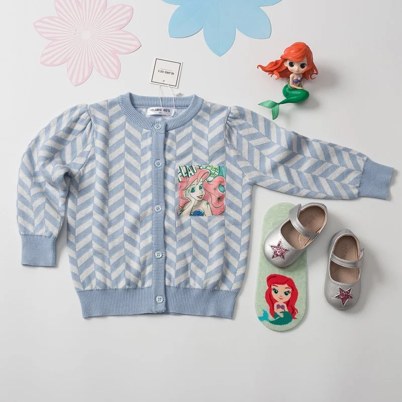 100% хлопковый осенний Новый синий свитер с волнами для девочек очень милые