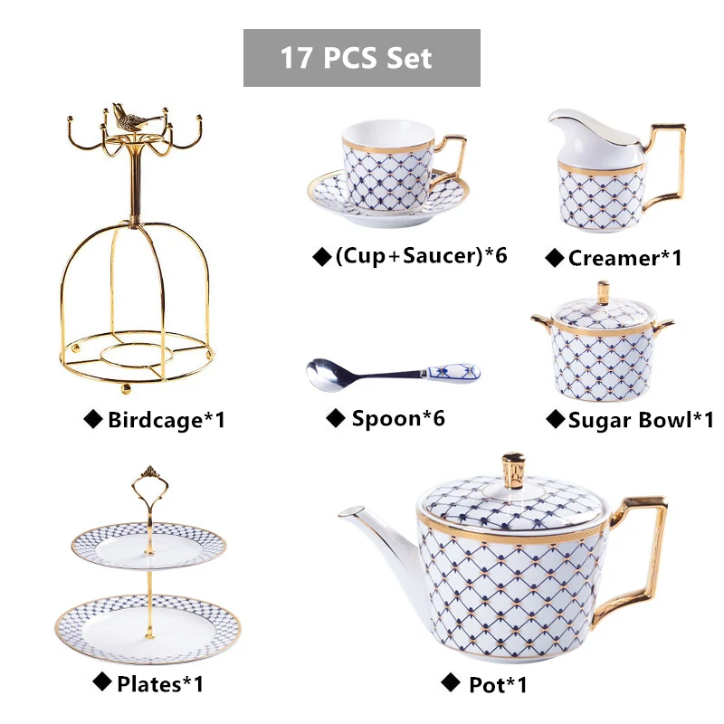 17PCS Set Blue Элегантный кофейный сервиз из костяного фарфора, золотой фарфоровый чайный сервиз, роскошный чайник, чашка, современная керамическая кружка, сахарница, сливочник, чайный горшок, молочный кувшин - Цвет: 17PCS Set Blue