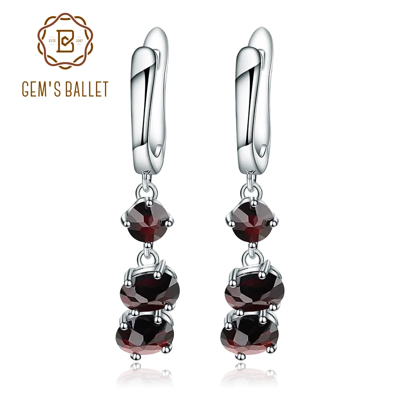 Gem's Ballet Настоящее 925 пробы серебряные ювелирные изделия Природный Черный гранат драгоценный камень Висячие серьги для женщин три камня