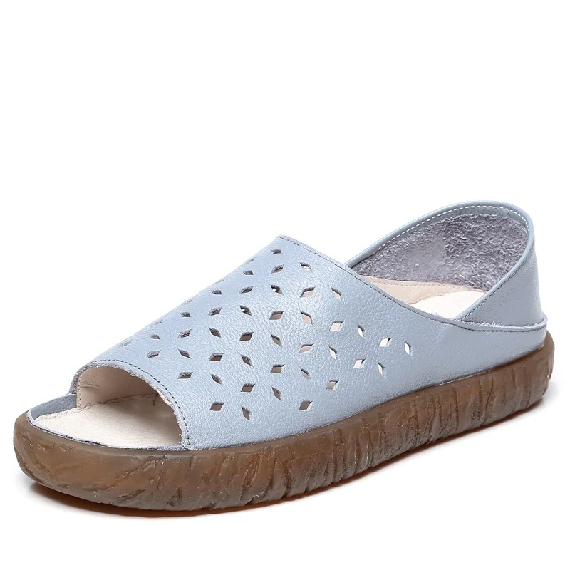 Женские сандалии с открытым носком на плоской подошве из натуральной коровьей