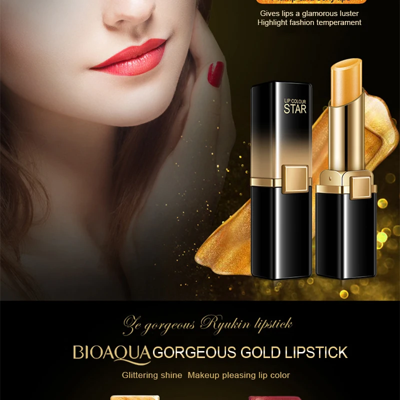 BIOAQUA Gold Lipstick Brilliant Lip Gloss Refreshing Long Lasting Lipstick Women Sexy Luxury Glitter Makeup Lips Tool 38